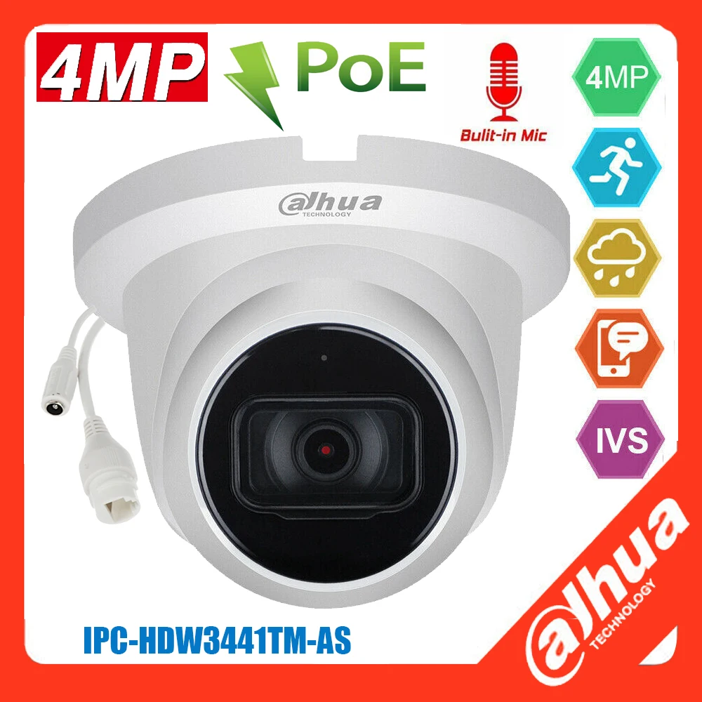 

mutil language Dahua IPC-HDW3441TM-AS 4MP POE Built-in Mic SD Card Slot H.265+ 30M IR IVS WDR IP67 Starlight Eyeball IP Camera