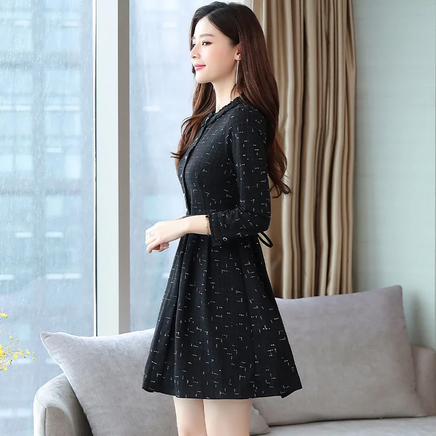 2024 винтажные черные шикарные мини-платья с длинным рукавом Осень-зима однотонное