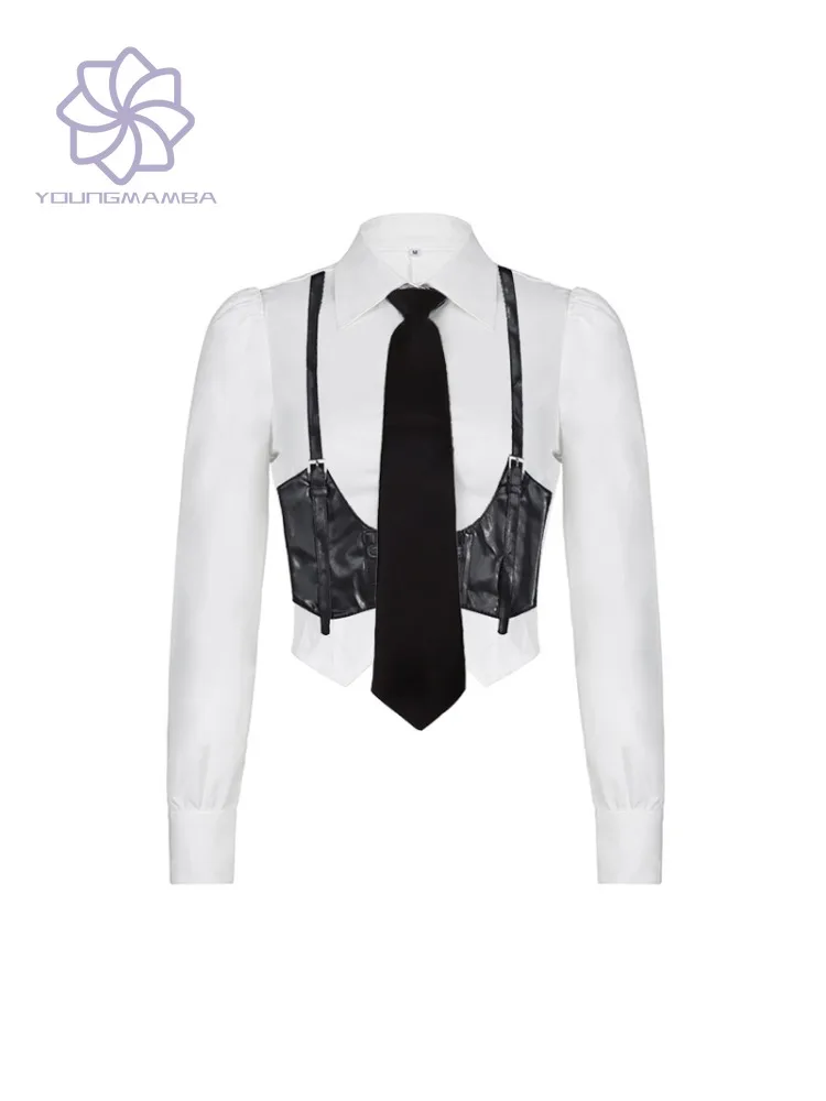 

White Shirts Women Korean Style Buttons Folds Slim Fit Crop Tops Female All-Match Daily Design Long Sleeve Blouses