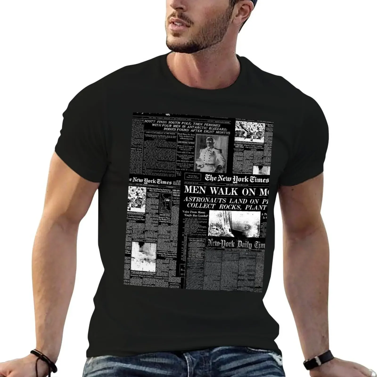 Футболка с газетным принтом [черная] синий замок простые мужские футболки