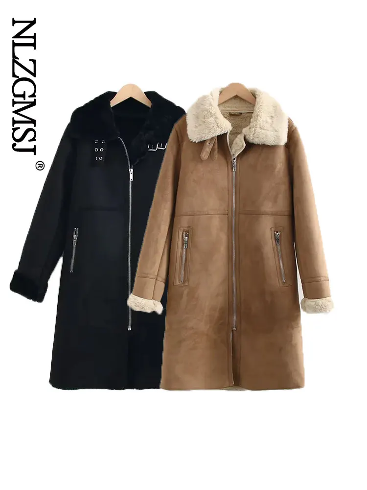 

Nlzgmsj Winter 2023 Women's Fashion Lapel Chain Style Retro Casual Locomotive Fur Body Warm Long Sleeve Cotton-padded Coat