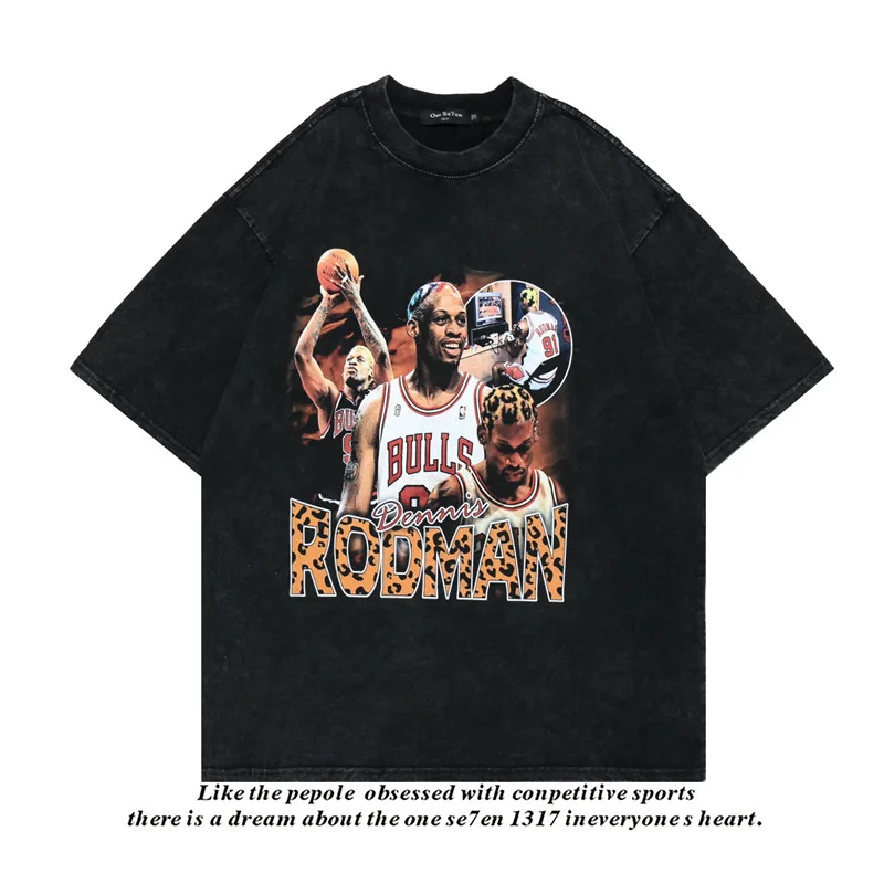 

Japanese High Street T Shirt for Men RODMAN Printed Dark Black Short-sleeved Men's Clothing Style Couple Casual Half-sleeved Top