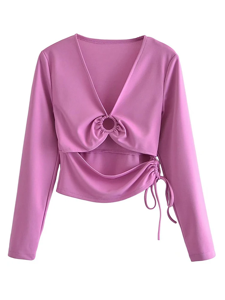 

TFMLN Spring Women Hollow Out Blouse Shirts 2021 Deep V-neck Casual Tops Long Sleeve Female Chic Drawstring Street Shirt