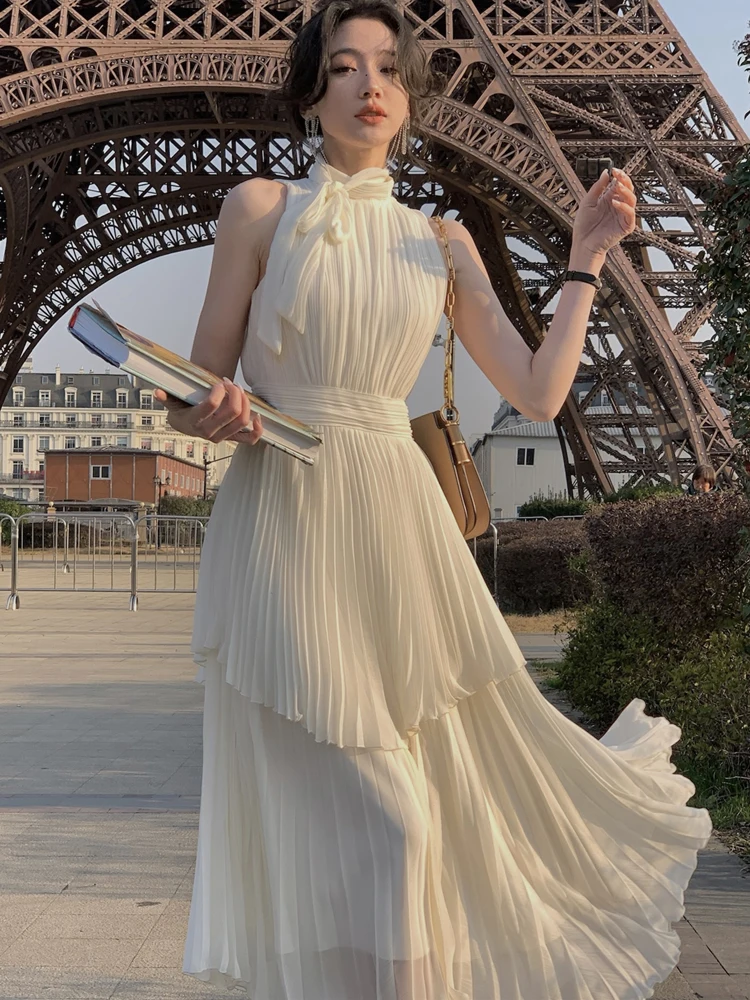 

Summer Chiffon Pleated Long Dresses Korea Fashion Sleeveless Female Elegant Bowknot Slim Vacation Party Dress Women Clothes