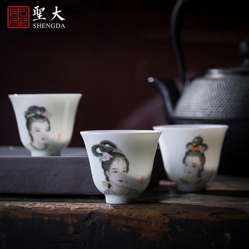 

Shengda ceramic kungfu tea cup figure hand-painted new color twelve gold hairpin tea cup cover cup handmade Jingdezhen tea set