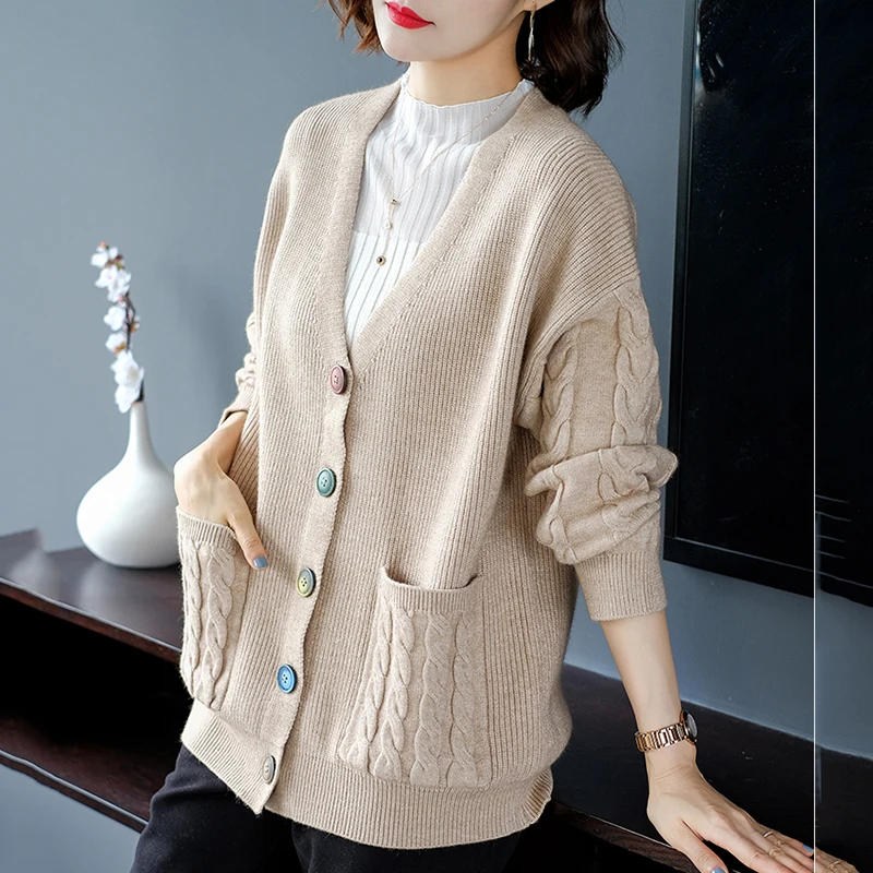 

Кардиган для отдыха для мам, свитер, новинка, вязаное пальто на весну и осень, женская верхняя одежда, тонкий свободный однотонный плотный св...