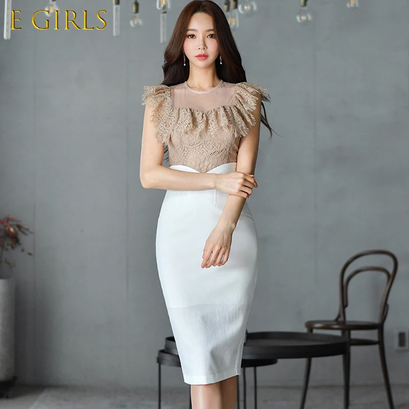 E GIRLS New Arrival Fashion Summer Elegant Set Sexy Mesh Stitching Lace Ruffled Tops And High Waist White Skirt Two Piece Set
