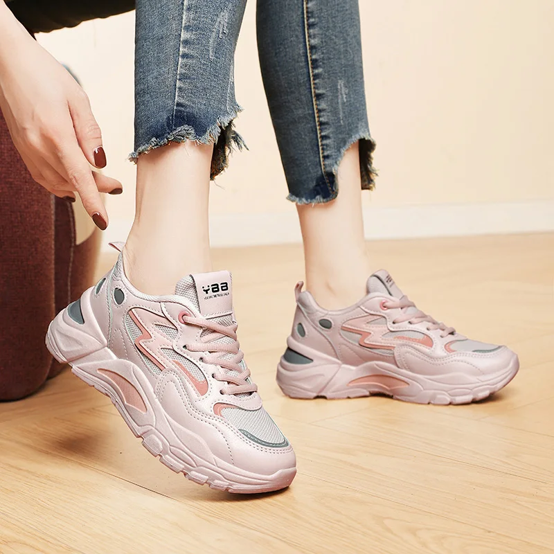 Autuspin 6cm Chunky Pink Shoes Casual Fashion Women Summer Spring Quality Leather Sports Sneakers Office Ladies Walking 34-40