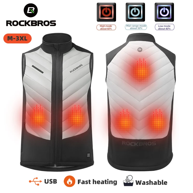 ROCKBROS Heated Vest 5 Places USB Heated Jacket Thermal Clothing Camping USB Infrared Heating Vest Washable Men Winter Warm Vest