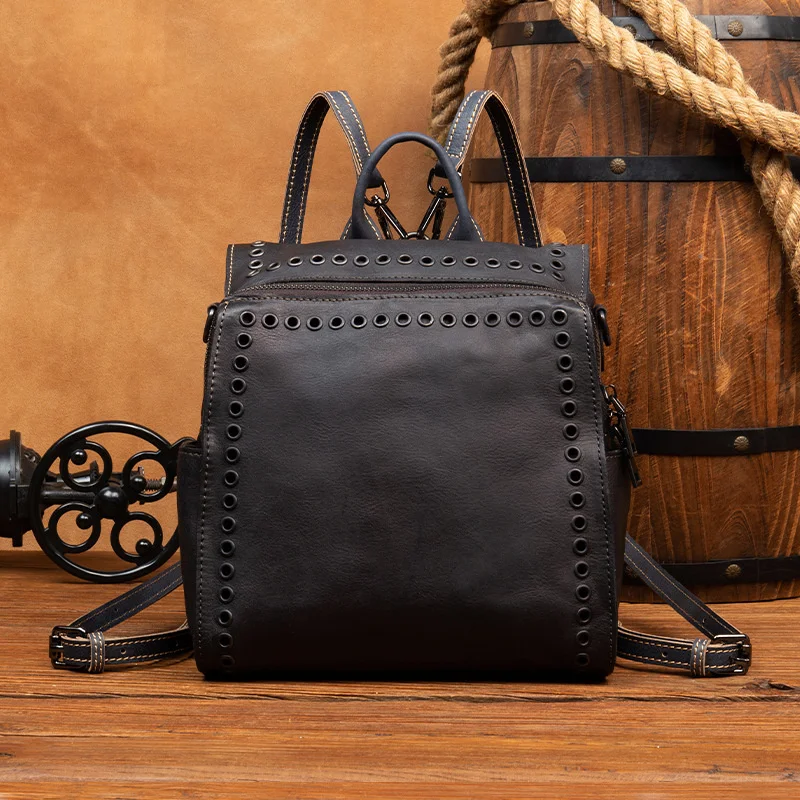 

2023 винтажные женские рюкзаки из натуральной кожи, рюкзак ручной росписи из коровьей кожи, мотоциклетный стиль, школьные сумки для девочек-подростков