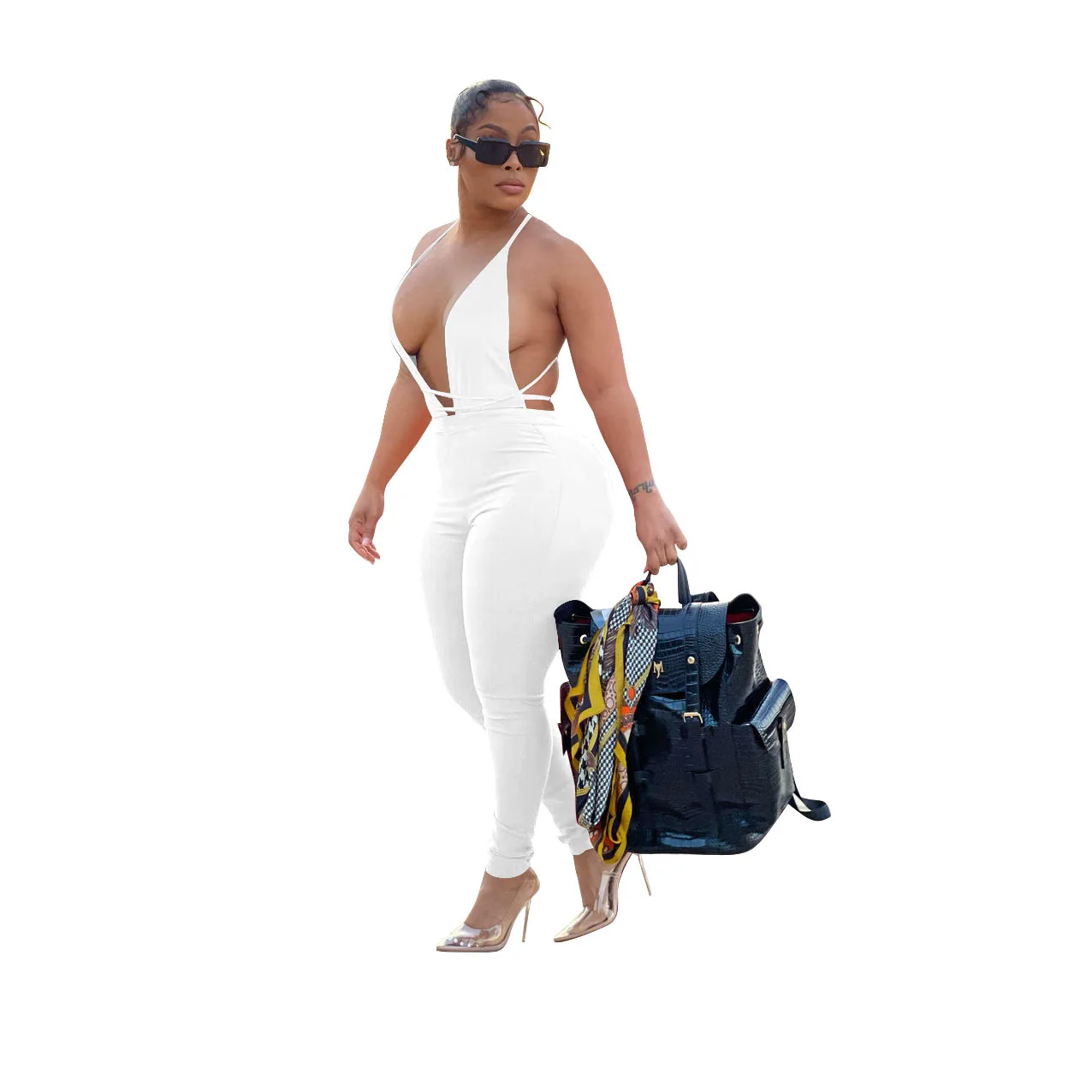 Женский комбинезон с лямкой на шее однотонный Длинный открытой спиной женский