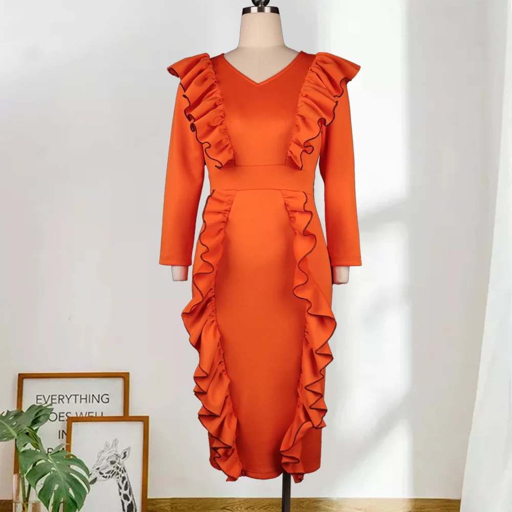 Plus Size Large Women's Dress V-neck Three-quarter Sleeve High Waist Large Size Slim Fit  Auricle Edge Casual Business Dress