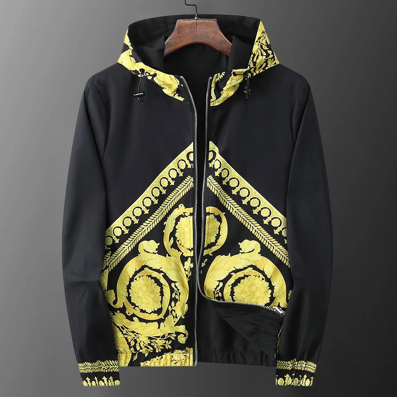 

-sided Double Wear Jacket Luxurious Baroque Black Golden Palace Printing Pattern Hooded Jacket Male Club Outfit Pattern Jacket