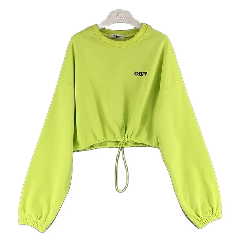 

2022 Spring Korean Casual Short High Waist Cropped O-Neck Sweater Women Loose-fitting 100%100 pure cotton