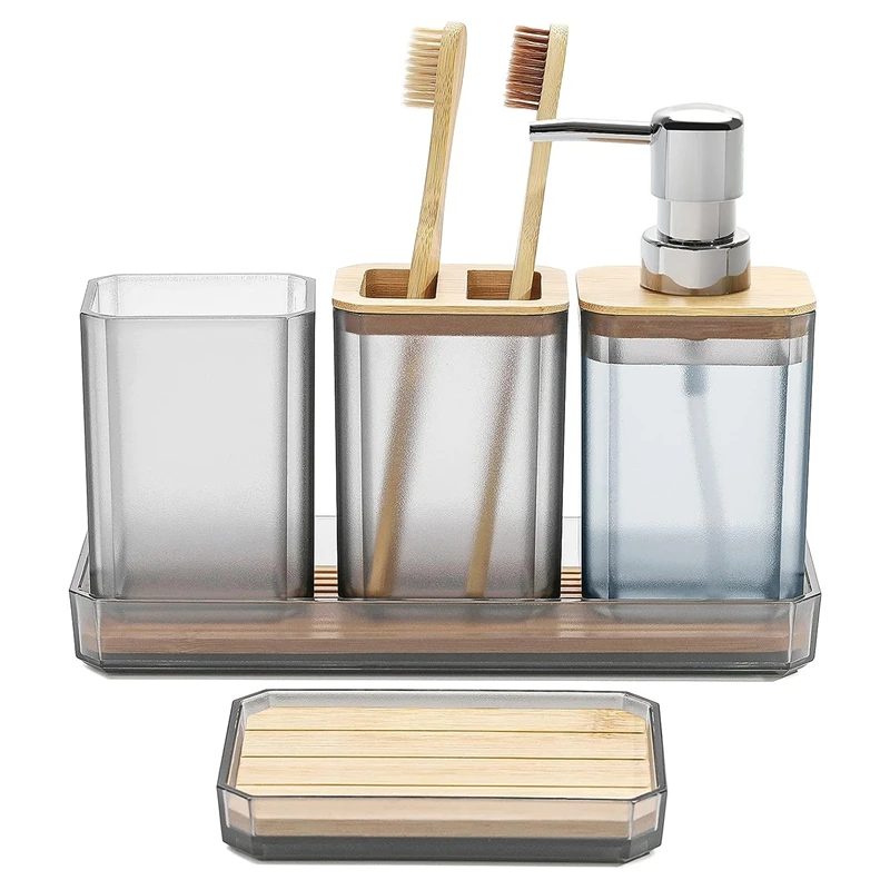 

5 Pcs Bathroom Accessory Set Soap Dispenser, Toothbrush Holder, Toothbrush Cup, Vanity Trayr (Grey)