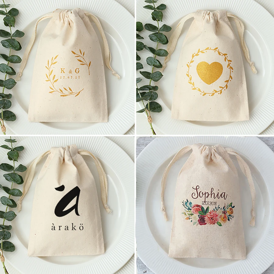 7x9 8x10 13x18 25x35cm Custom Logo Cotton Jewelry Bags Beige Natural Cotton Gift Bags Wedding Favor Party Bag Package Bushiness