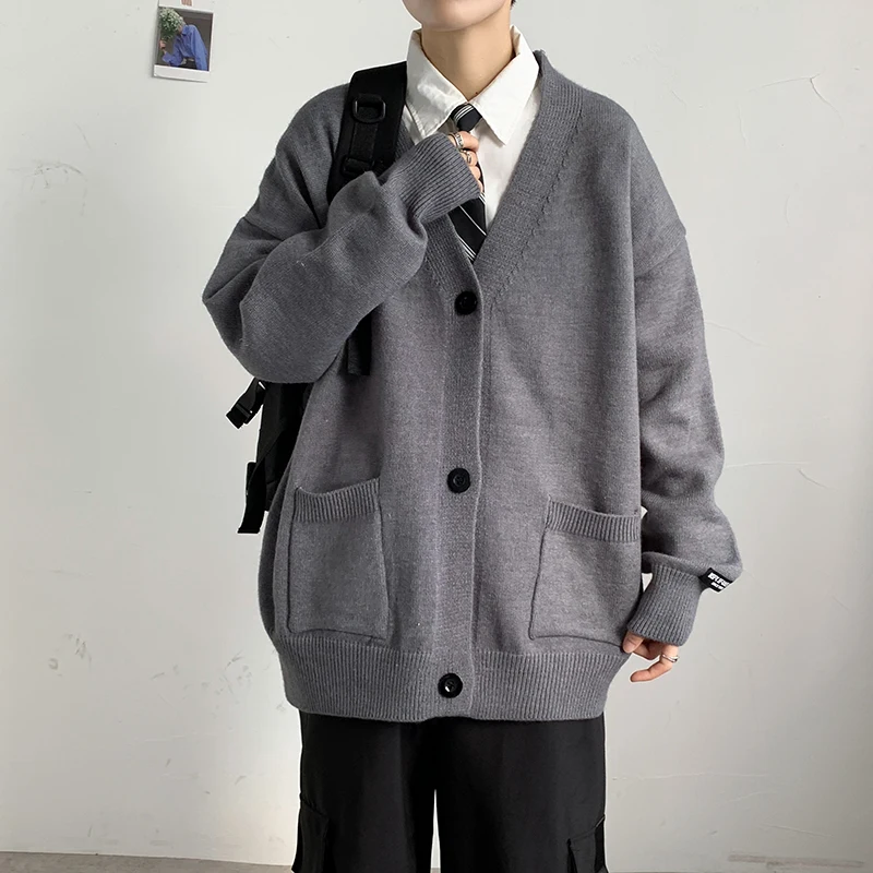 

Свободный кардиган, мужские модные корейские Повседневные свитера в стиле преппи, трикотажные пальто с V-образным вырезом, Осенние однотонные мужские кофты