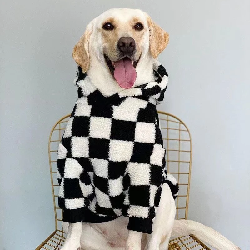 

50kg Winter Large Dog Hoodies Sweater Fleece Labrador Golden Retriever Checkerboard Pet Dog Clothes Apparel Big dog costume