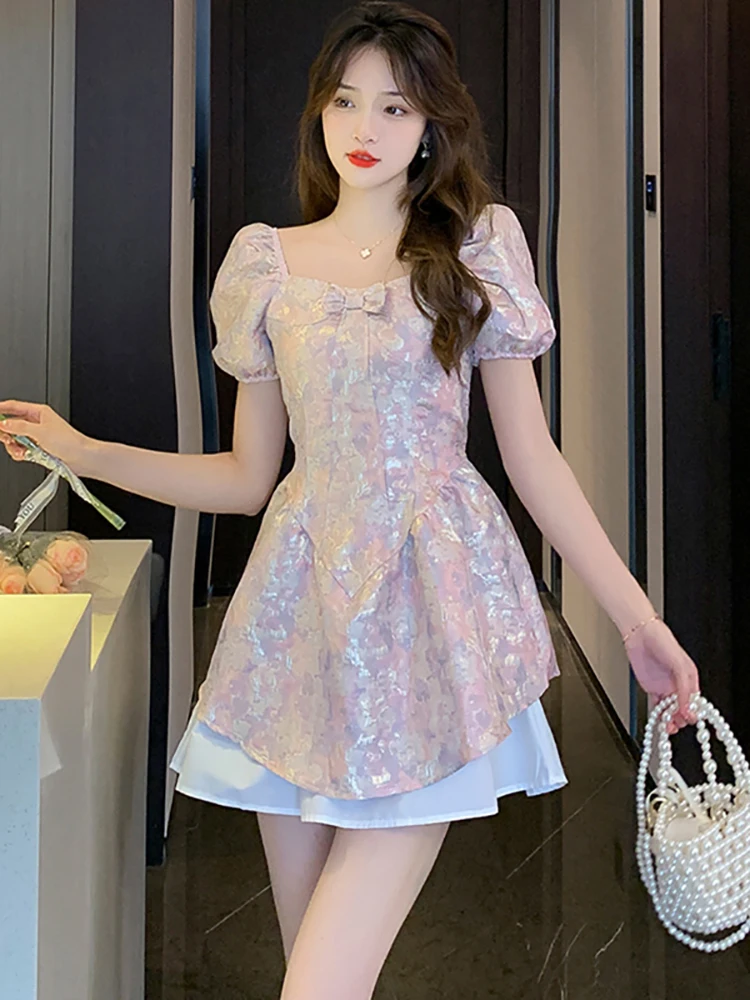 

Женское шифоновое платье-мини с пышными рукавами, повседневное элегантное облегающее платье синего цвета с цветочным принтом для выпускно...