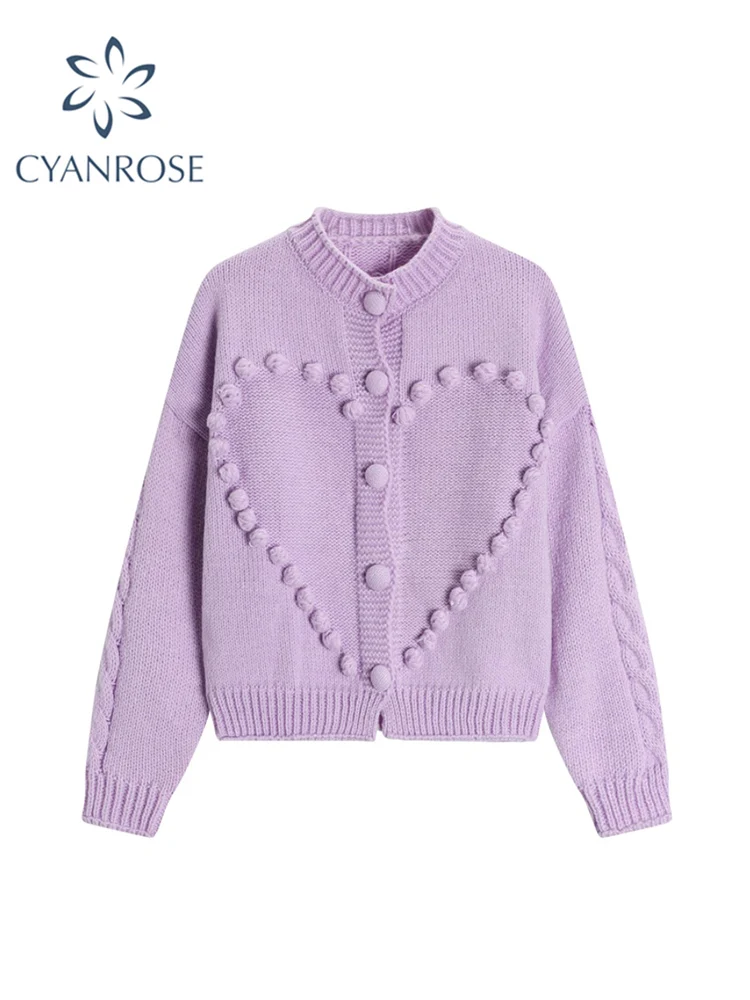 

Women Crew Neck Violet Knitted Cardigan Sweater Button Female Vintage Sweaters Long Sleeve Fashion Autumn Oversized Jumper Top