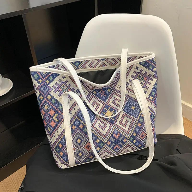 

Luxury Designer Women Handbag Ethnic Canvas Large-Capacity Bags Female 2022 New Niche Fashion Shoulder Leisure Portable Tote Bag