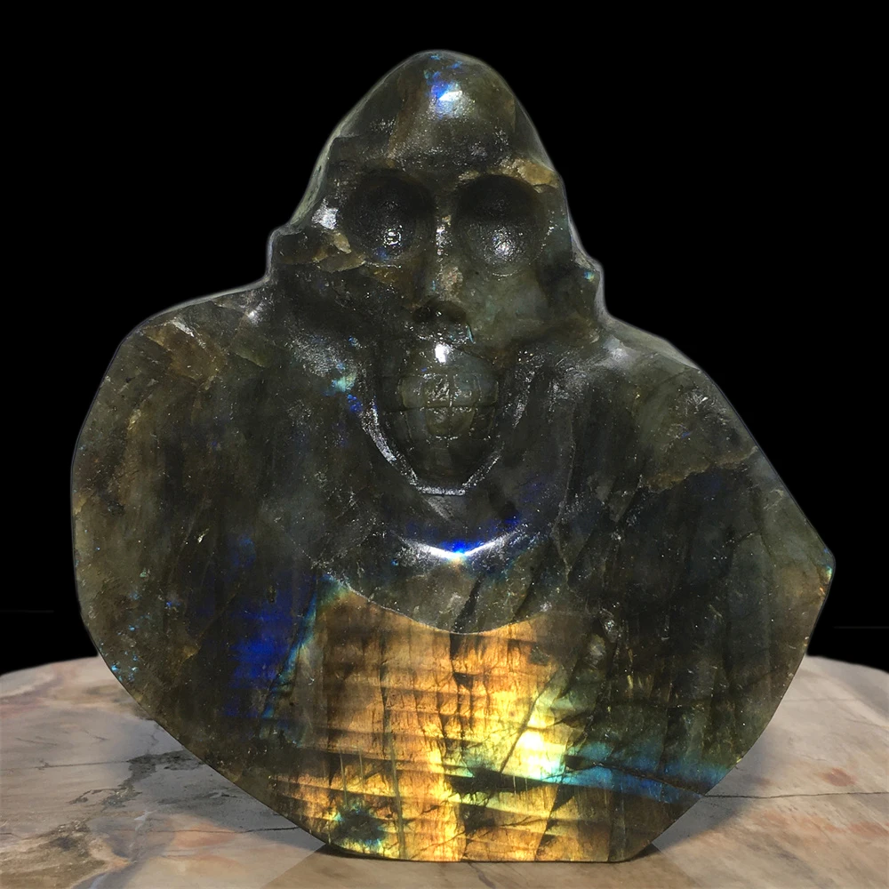 

Природный череп Лабрадорита, кварцевый кристалл с черепом, Современное украшение, лунный камень, образец драгоценного камня, минеральное у...