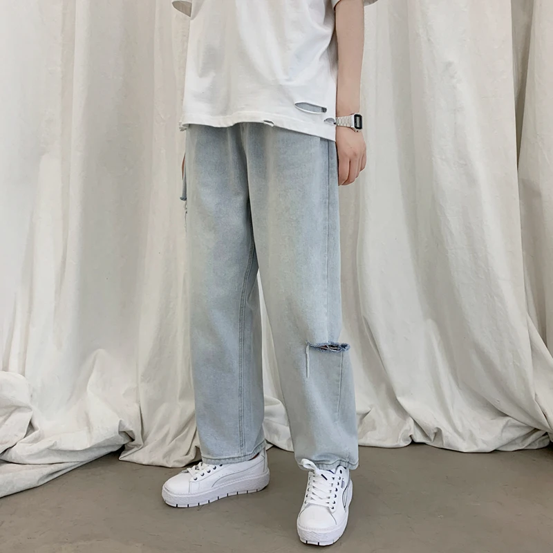 2022 Spring/Summer New Men's Light Baggy Jeans Korean Fashion Streetwear Ripped Denim Cropped Pants Male Brand Clothes