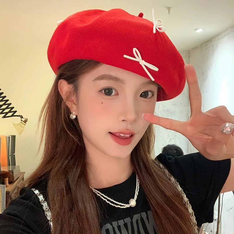 Осенне-весенние вязаные береты с милым бантом для женщин тонкие полые дышащие