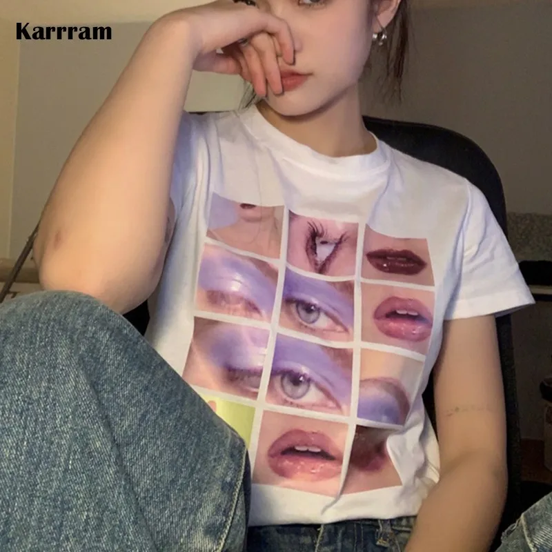 

Укороченная футболка Karrram, в Корейском стиле, Y2k, с рисунком, с коротким рукавом, 00s, в японском стиле