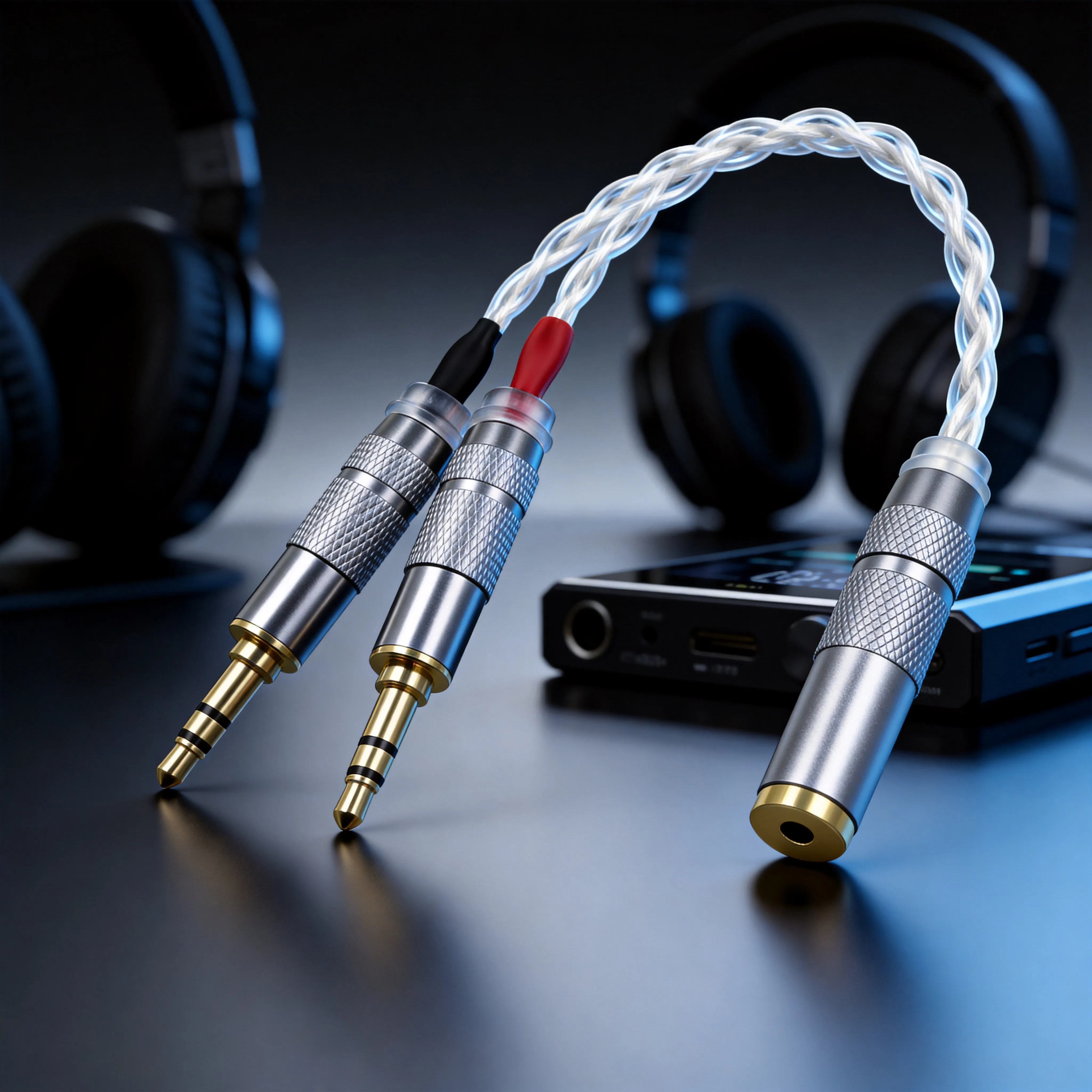 Фото Аудиокабель-адаптер HiFi из монокристаллической меди с серебряным покрытием, 2x3,5 мм (штекер) на 2,5 мм TRRS (балансный разъем) для плеера Chord Mojo №1
