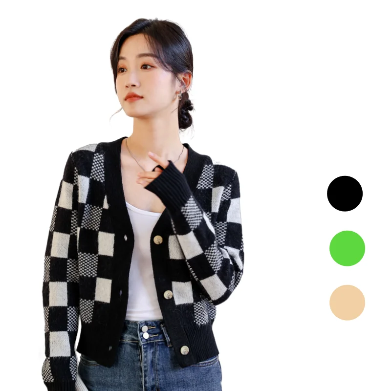 

2022 Knitted Sweater Cardigan Coat Lazy Style Korean Spring And Fall V-neck Loose Women Plaid Color