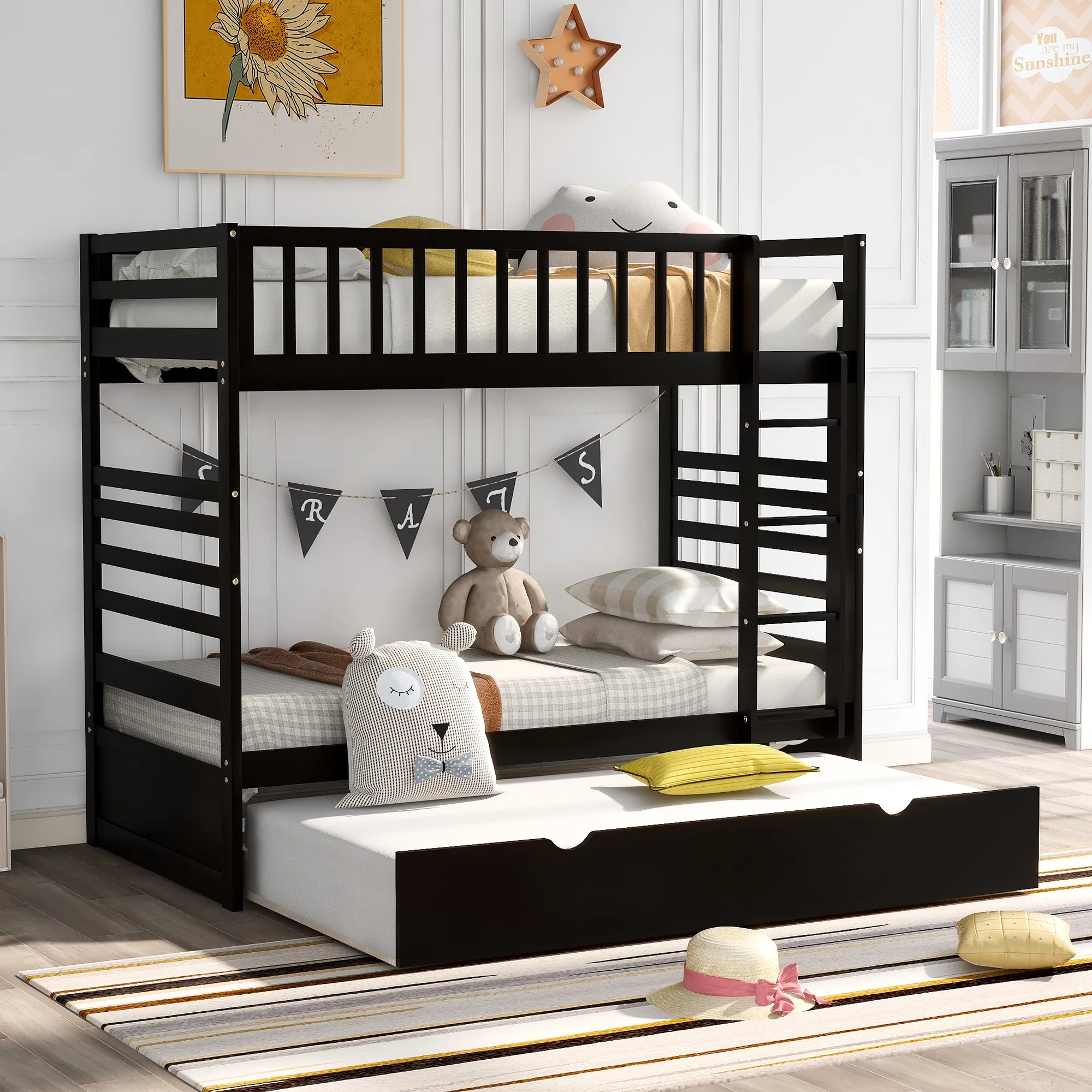 

Twin Bunk Beds for Kids with Safety Rail and Movable Trundle bed