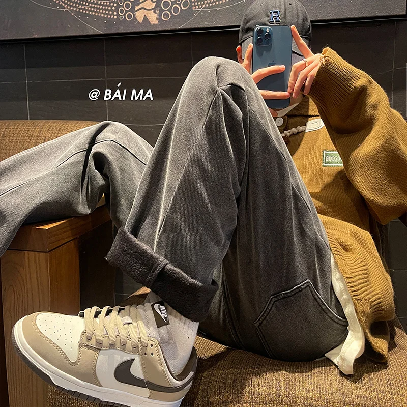 Winter Plush Thickened Jeans Men Warm Fashion Casual Straight Jeans Men Streetwear Hip Hop Loose Thick Denim Pants Mens Trousers