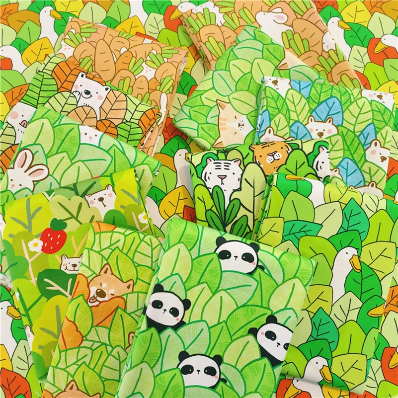

Pure Cotton Canvas Green Digital Printing Cartoon Panda Tiger Rabbit for Bags DIY Handmade by Half Meter