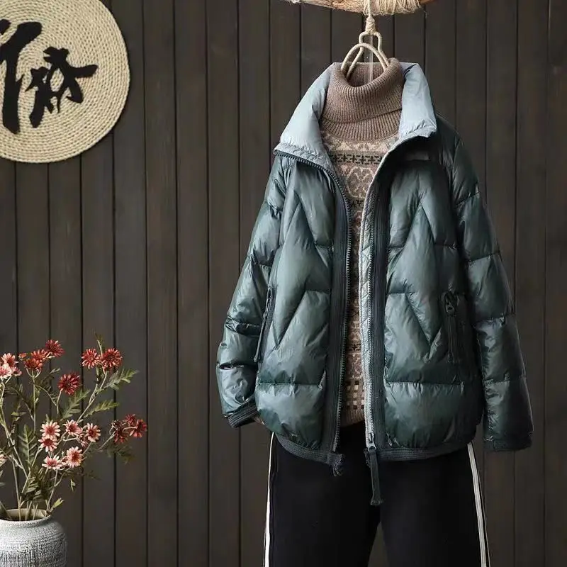 Padded Jacket Women's Short 2022 New Bright Down Padded Jacket Korean Version Loose Stand Collar Thickened Coat Padded Jacket