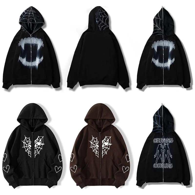 New Y2K Rhinestone Graphic Hoodies For Women Harajuku Gothic Zip Up Hoodie Long Sleeve Punk Streetwear Female Hooded Sweatshirts