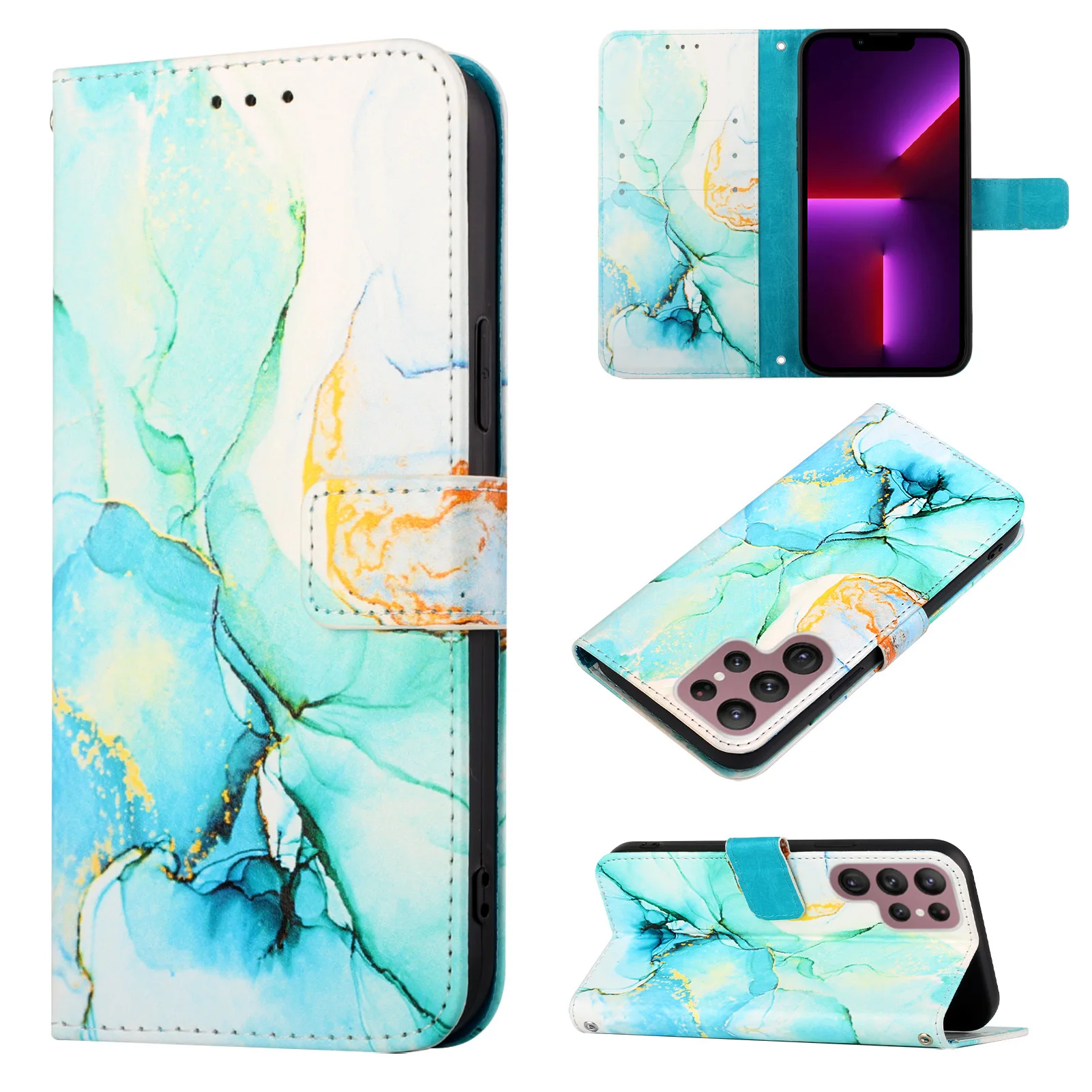 Фото Кожаный чехол-кошелек с мраморным узором для Sharp Sense 9 R10 Wish 5 Simple Sumaho5 Basio Active3 Aquos Zero6 с ремешком на запястье и откидной крышкой №3