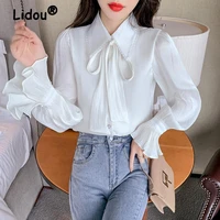 korean sweet elegant trumpet long sleeved white shirt 2022 new spring summer fashion pleated bow chiffon blouse female clothing