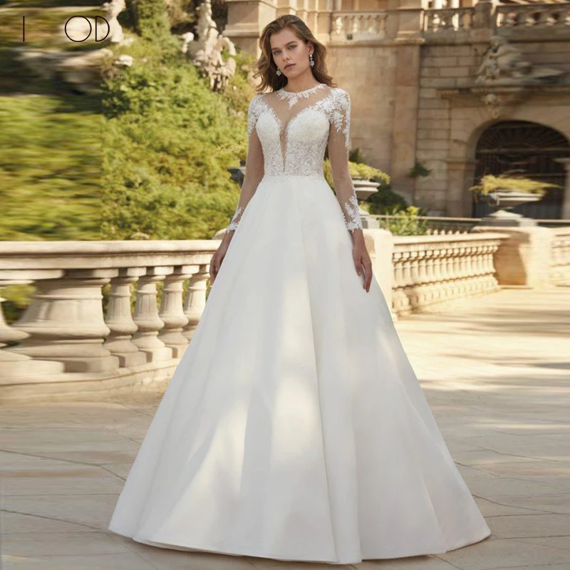 

Женское атласное свадебное платье IOD, платье принцессы с длинными рукавами и кружевной 3D аппликацией, платье невесты на пуговицах, 2023