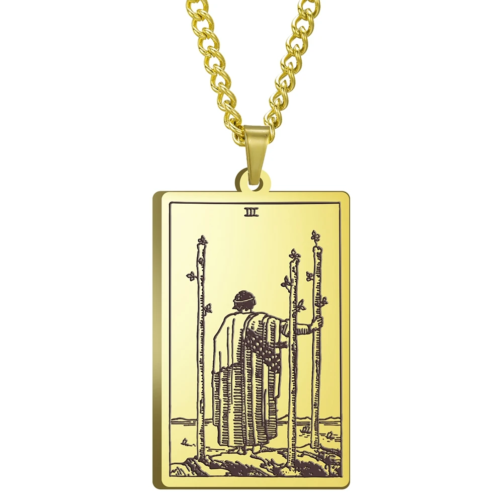 

3 Colors Black Color Gold Color Steel Color 24x40mm Tarot Three Of Wands Pendant Necklace With 60cm Link Chain