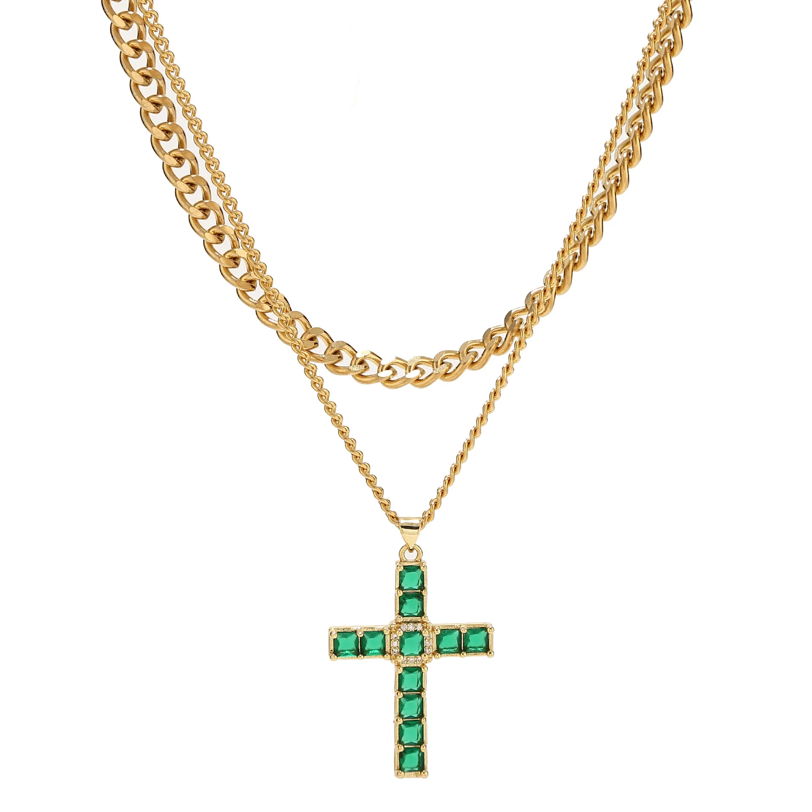 

Green Zircon Cross Pendant Necklace for Women Multilayer Stainless Steel Cuba Chain Choker Jewelry Party Gift
