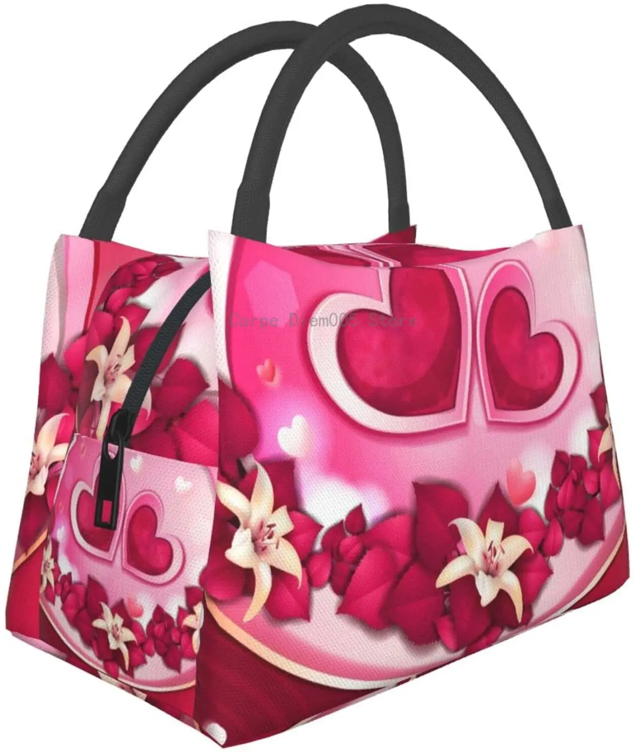 

Beautiful Flowers Love Hearts Portable Insulation Bag,Reusable Lunch Box Container For Women Men Office Work Travel Beach Hiking