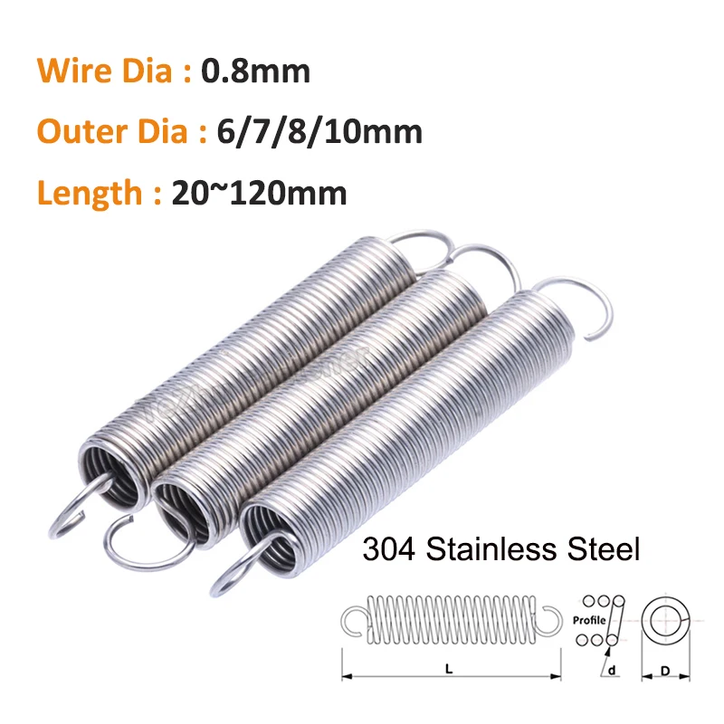 

2/5pcs Wire Dia 0.8mm 304 Stainless Steel Open Hook Coil Extension Tension Stretching Toys Spring OD 6/7/8/10mm Length 20~120mm