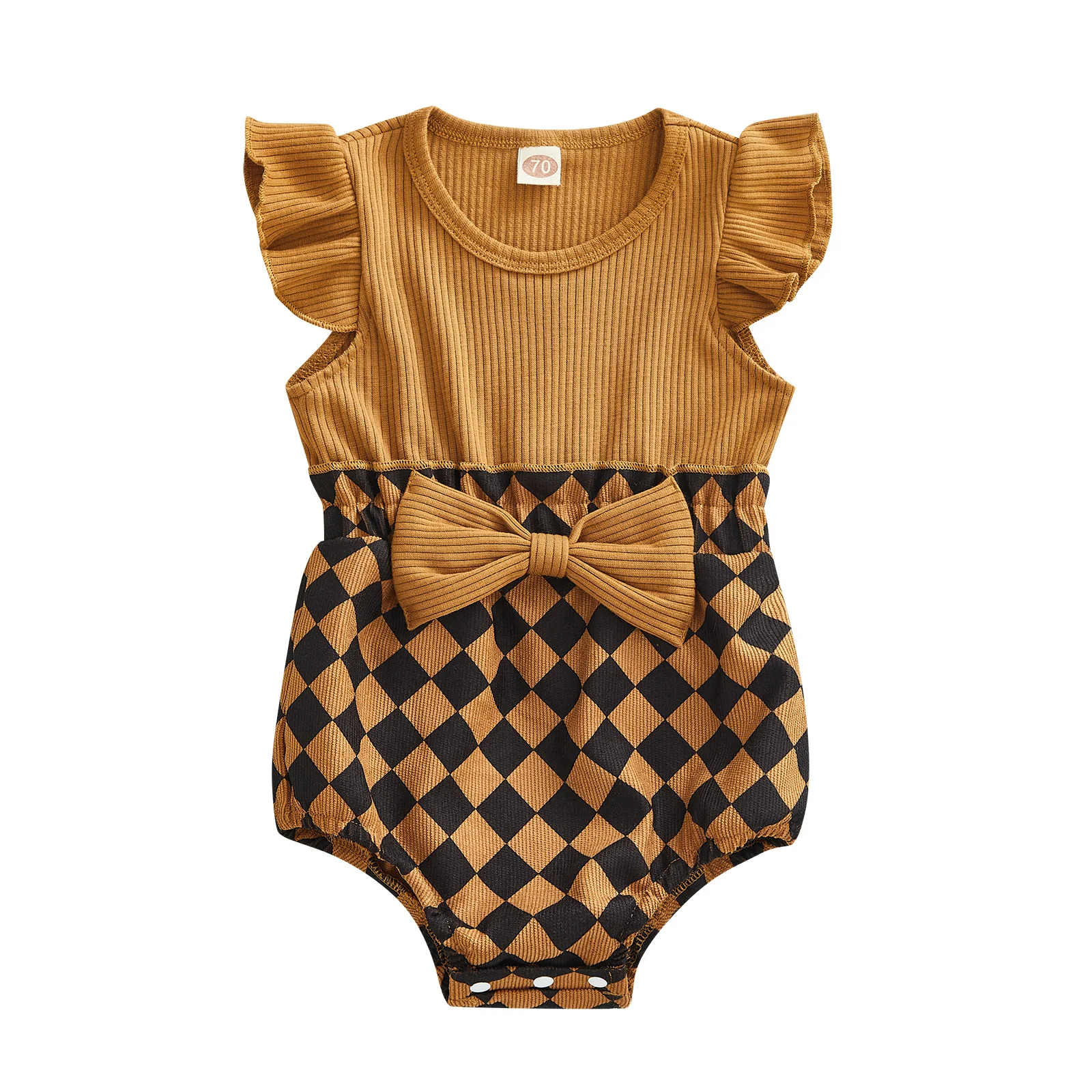 

Baby Girls Summer Romper, Plaid Ribbed Ruffle Crew Fly Sleeves bodysuit, Infant/Toddler Snap Triangle Jumpsuit