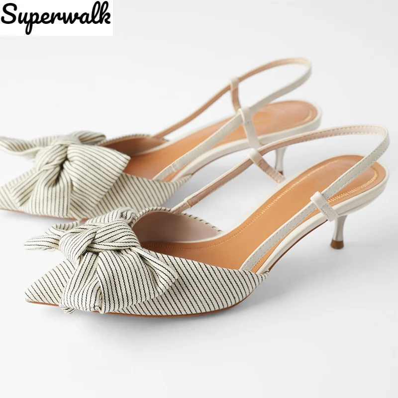 

Сандалии женские в полоску, заостренный носок, бант, низкий каблук, без застежки, модная обувь вечерние