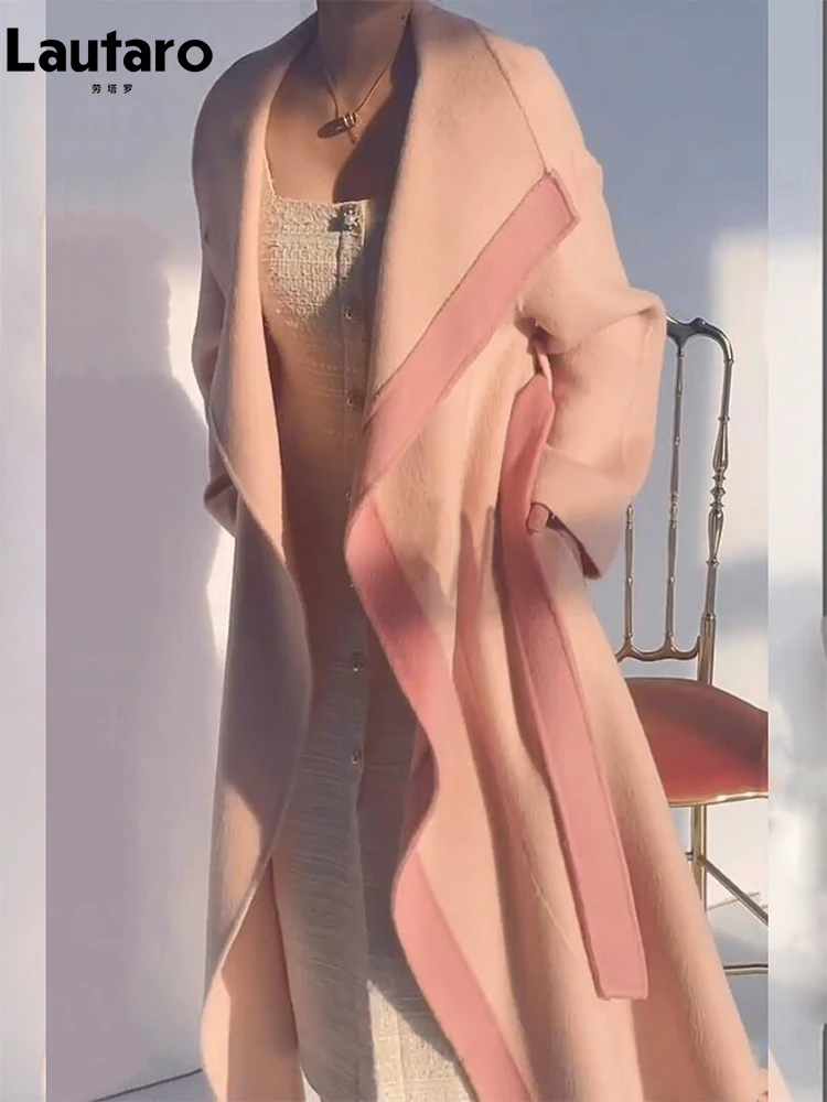 

Lautaro осень зима длинное свободное повседневное лоскутное шерстяное пальто женское с поясом стильный шик элегантная мода Роскошная дизайнерская верхняя одежда для женщин 2022
