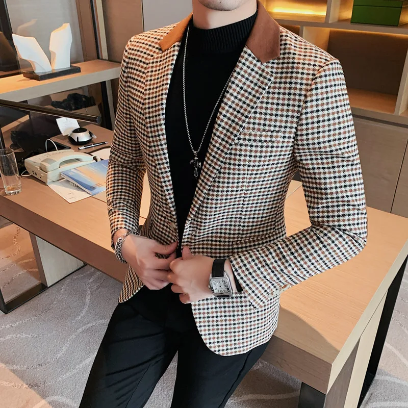 

2023 New High Quality Suit for Men British Style Houndstooth Advanced Simple Fashion Business Tailcoat Casual Gentleman Suit