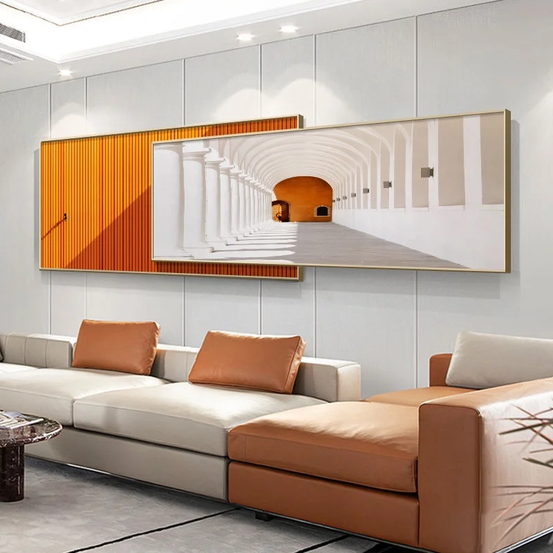 

Modern light luxury style living room Decoration painting orange Extension Space Sofa Rear Background Wall Rosemary Banner Mural