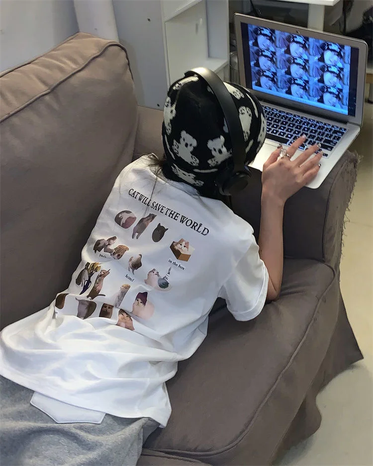 

Back Cartoon Animal Printed Short Sleeve T-shirt White Gray Summer Women Tee Shirt Tops