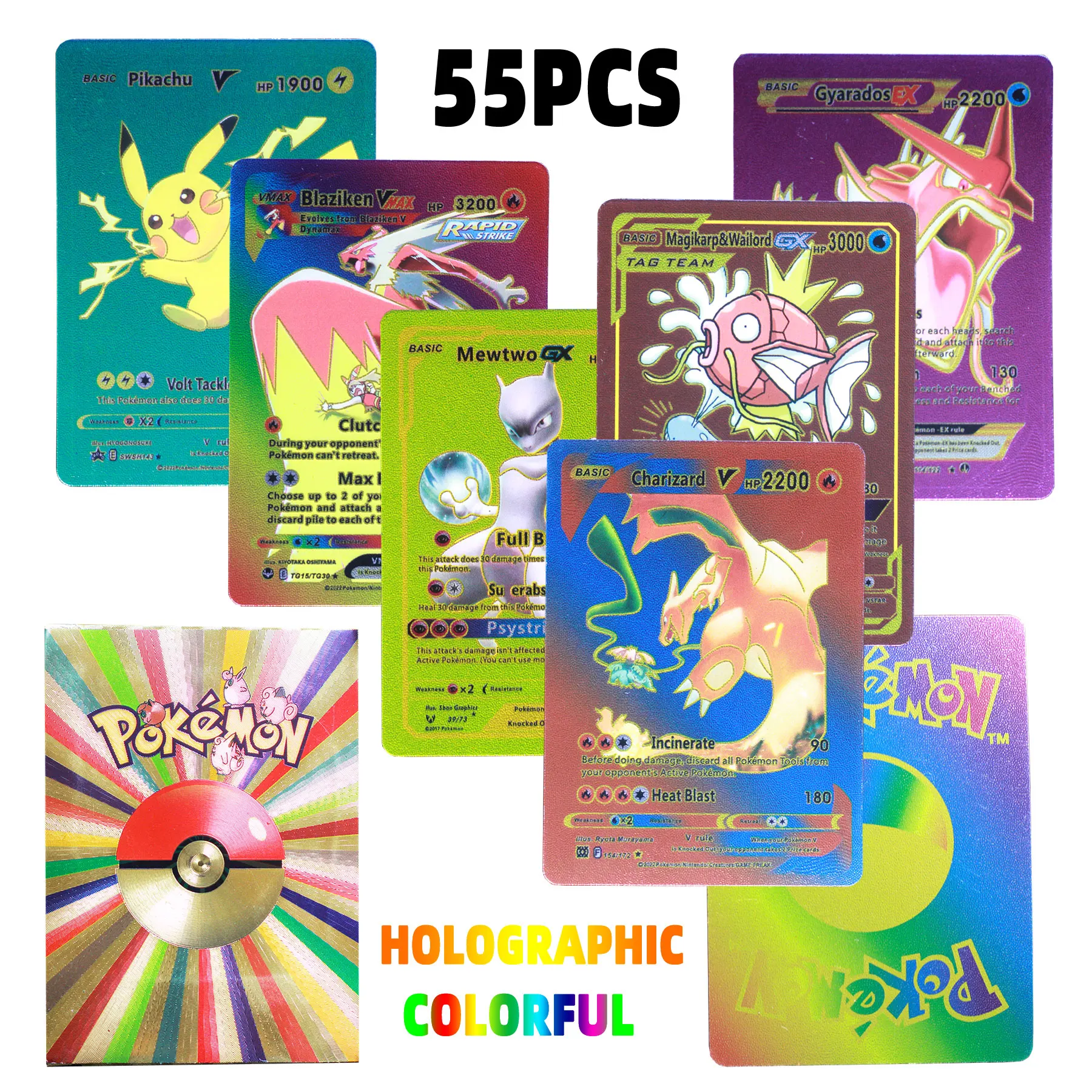 

DIY Rainbow Golden Pokemon Cards Pikachu Cosplay Luffy Tanjirou One Piece Goku Eva Frieza Anime Characters English Plastic Card